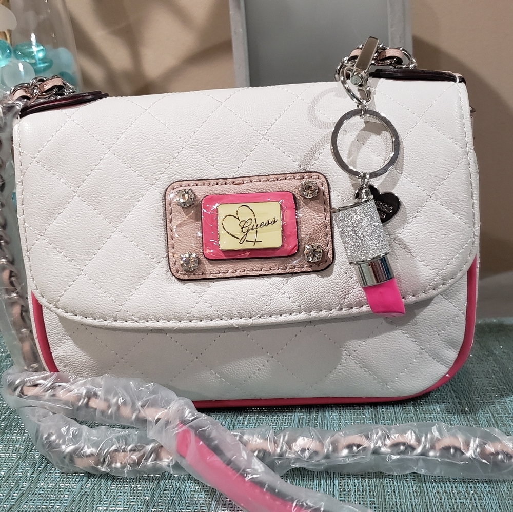 Pink & White Guess Crossbody With Keychain